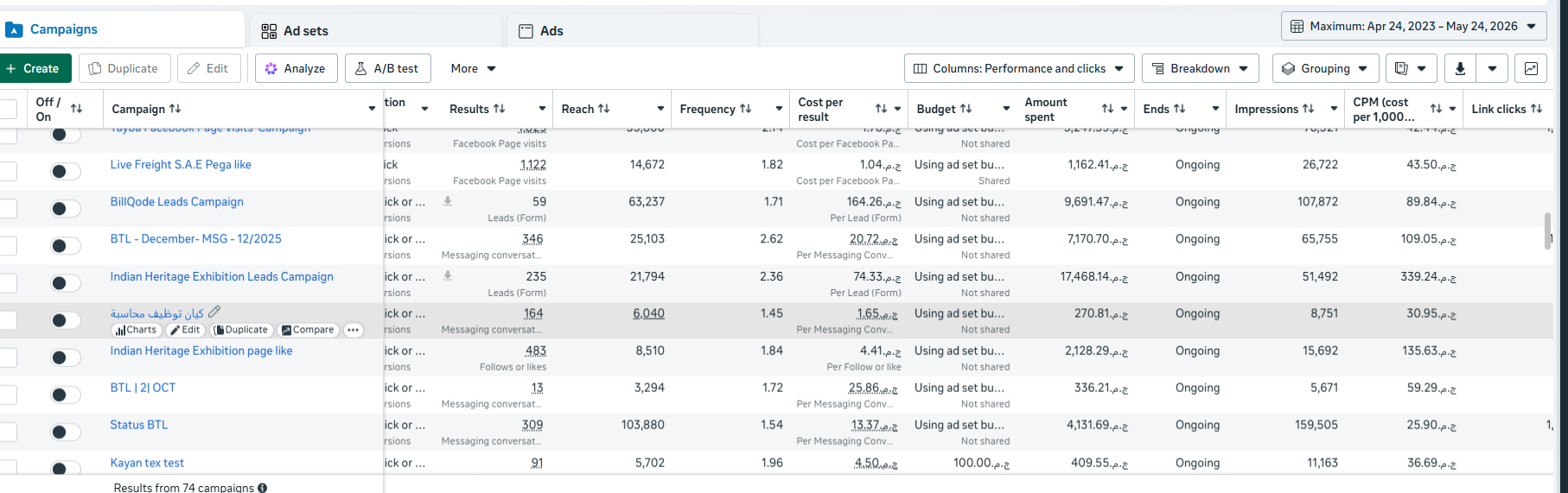 Meta Ads dashboard — BillQode + Indian Heritage