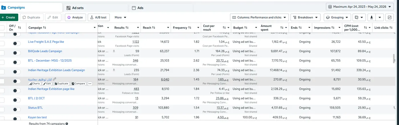 Meta Ads dashboard — BillQode + Indian Heritage